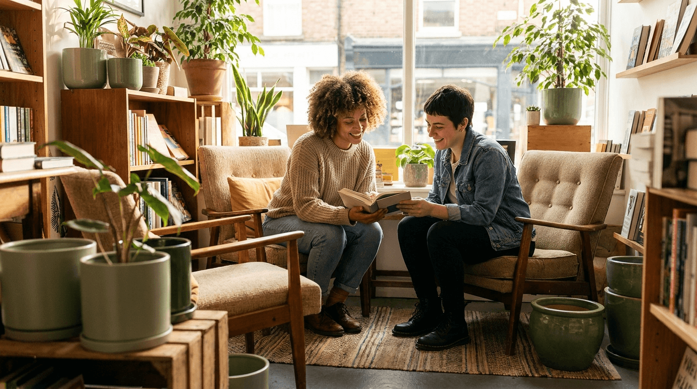 Two women sitting together in a cozy bookshop surrounded by plants, sharing a warm conversation